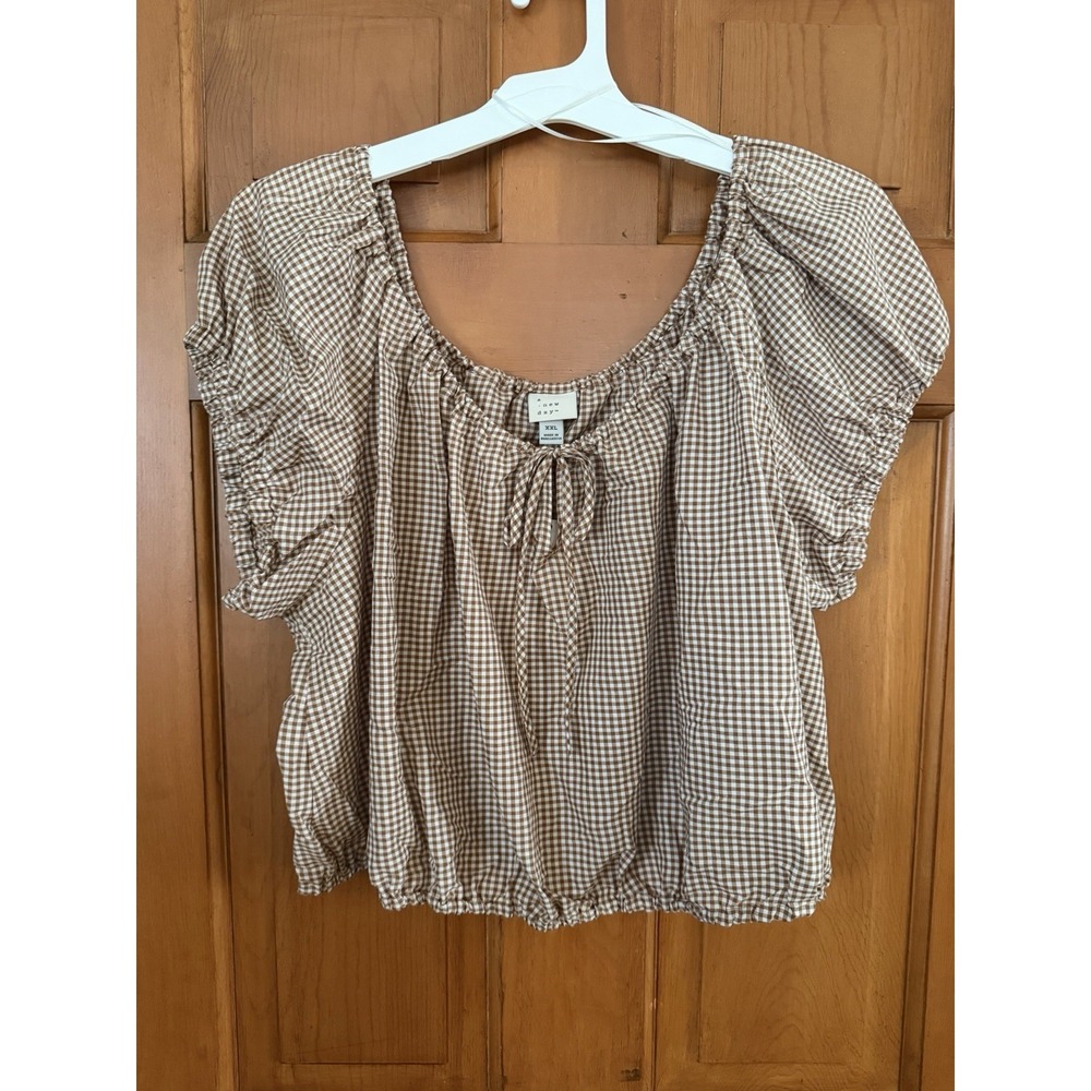 Women's A New Day Brown & White Gingham Blouse Puff Sleeves Size XXL NWT